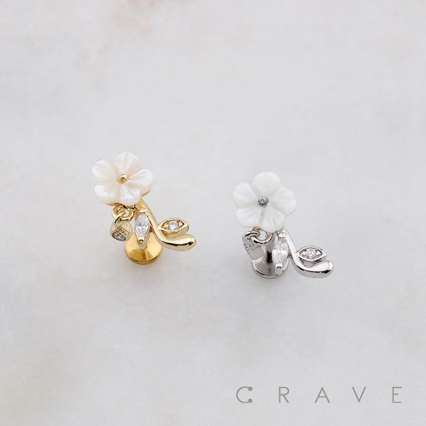 WHITE FLOWER MARQUISE THREADLESS (PUSH IN) 316L SURGICAL STEEL LABRET SET WHITE FLOWER MARQUISE THREADLESS (PUSH IN) 316L SURGICAL STEEL LABRET SET